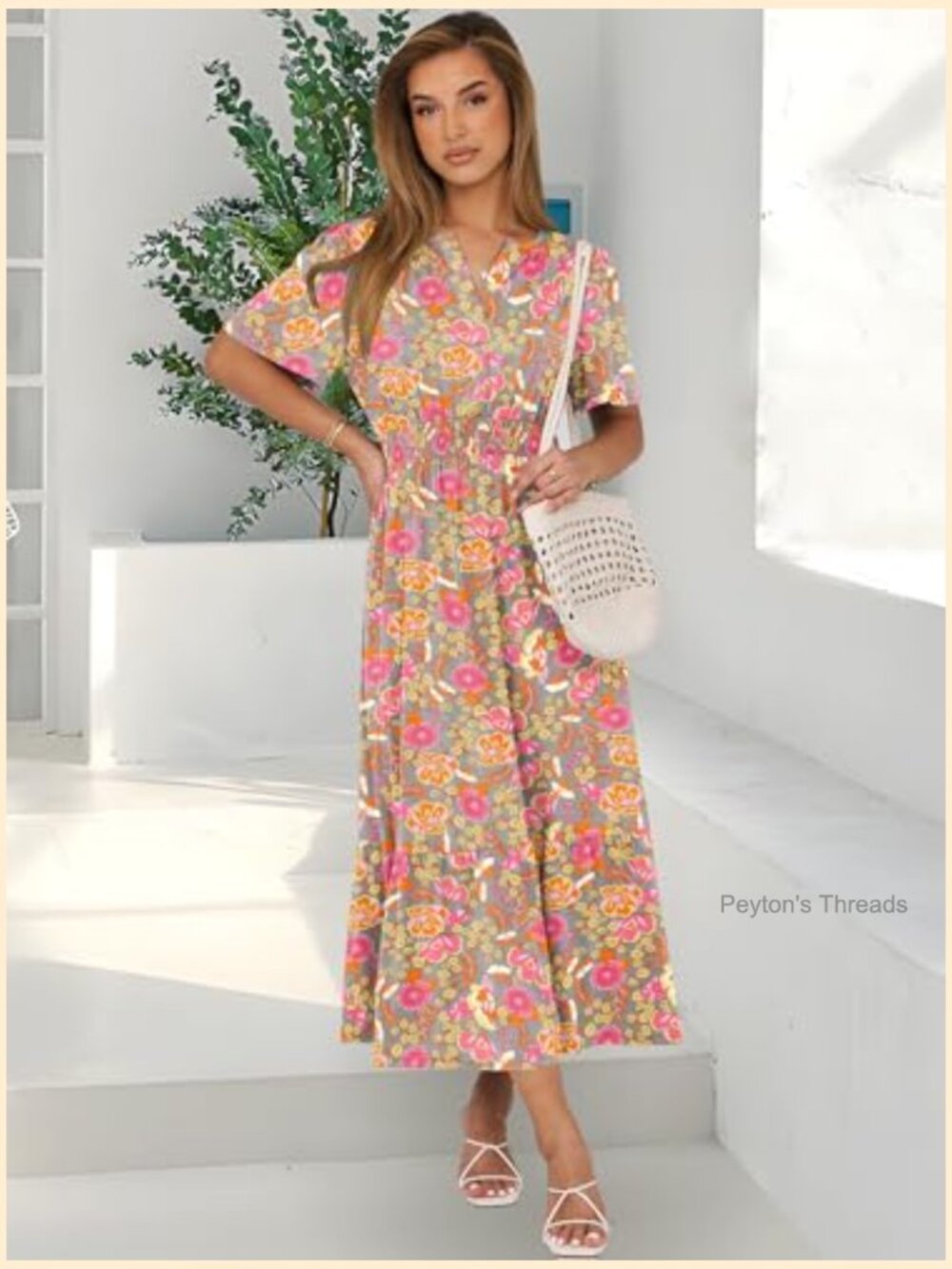 Women's Short Sleeve Maxi Dress V-Neck High Waist A-Line Flowy Tiered Boho - Picture 3 of 7